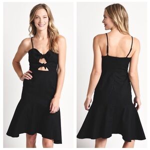 Etophe Studios Linen Blend Front Tie Mermaid Ruffled Hem Black Woven Dress L